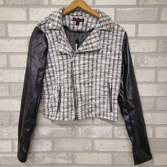 Material Girl Jackets & Blazers - Material Girl Gray White Black Moto Jacket Faux Leather Size Large